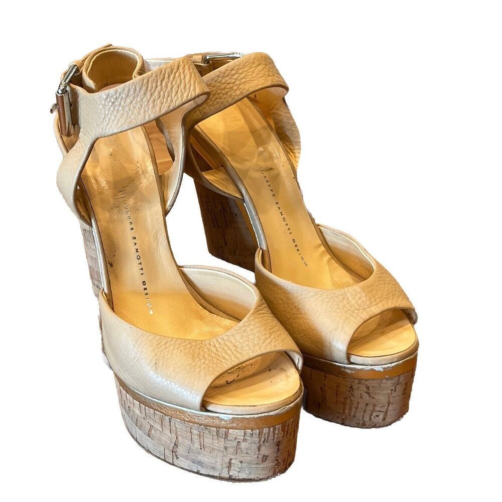 Giuseppe Zanotti High Heels Leather Cork Wedge Size EU37/US6.5 Tan Open Toe